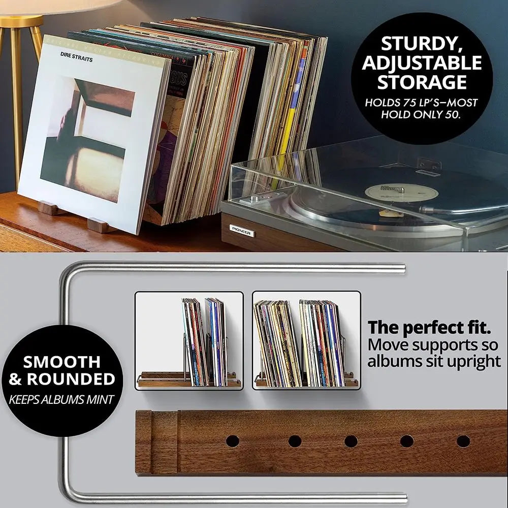 Solid Walnut Vinyl Record Stand – Adjustable CD & Record Holder