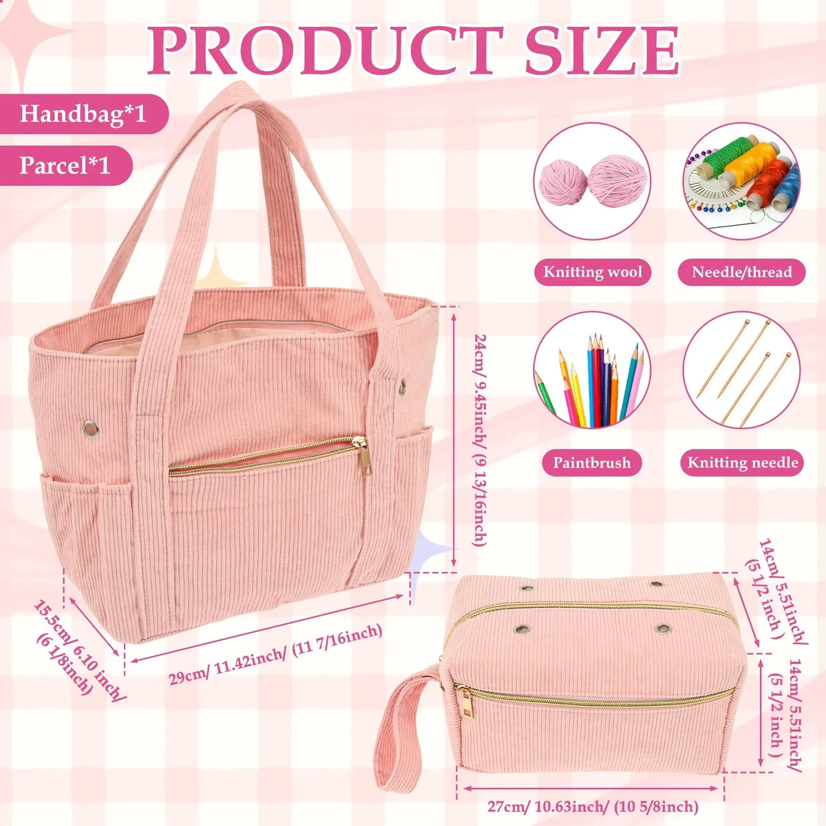 Corduroy Crochet Bag Set – Large Yarn Tote with Needle Holder