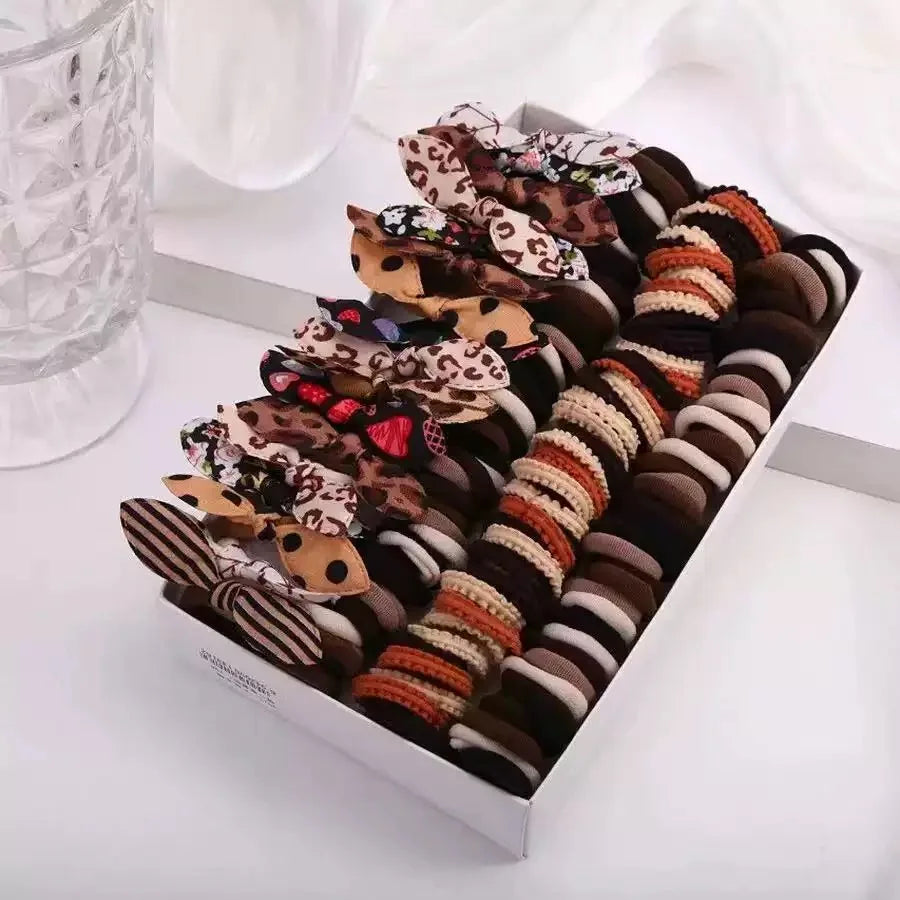 170-Pc Girls Elastic Hair Bands Set – Leopard & Caramel Colors