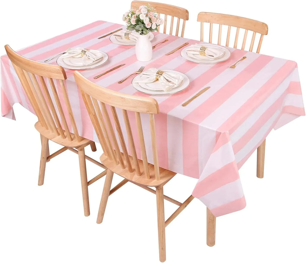 Pink & White Striped Waterproof Tablecloth 54x108" Party Cover