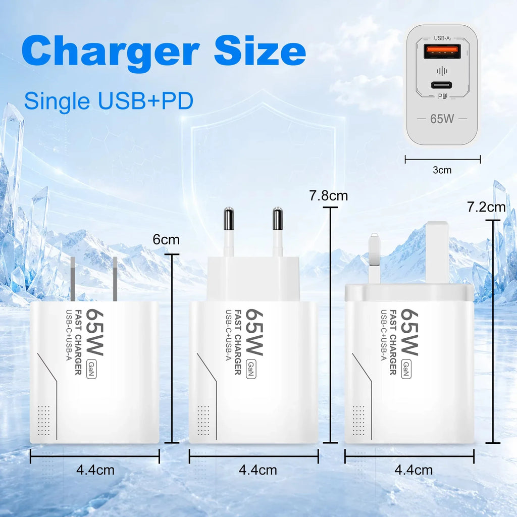 GaN 65W 2-Port USB-C PD Fast Wall Charger – EU/US Adapter
