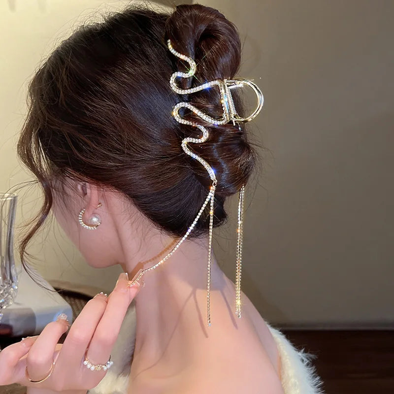 Snake Crystal Tassel Hair Claw Clips – Geometric Metal Women