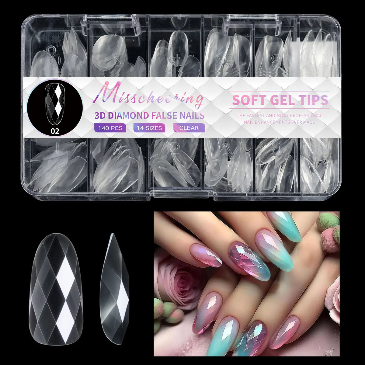 3D Diamond Almond Ballet Press On Nails – Long False Nails Set