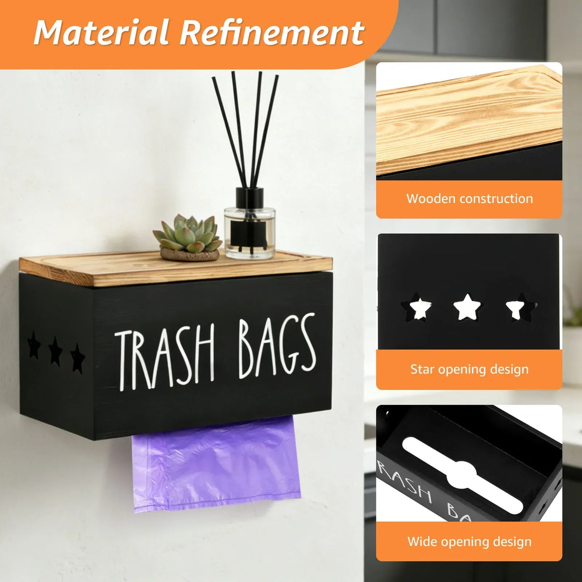 Wall Mount Wooden Trash Bag Roll Holder & Kitchen Organizer