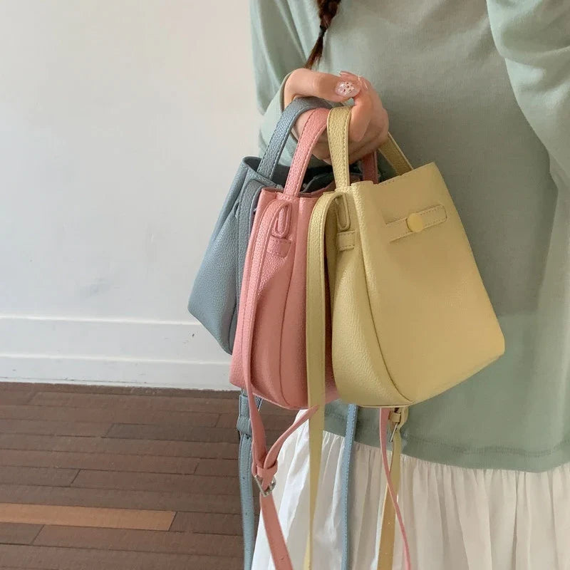 Korean Lychee Bucket Bag – Soft Leather Shoulder & Crossbody Bag