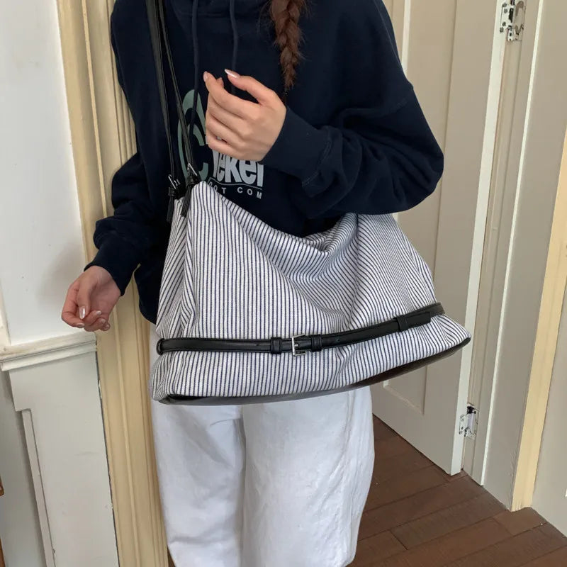 Korean Striped Canvas Tote Bag – Large Women's Shoulder Bag