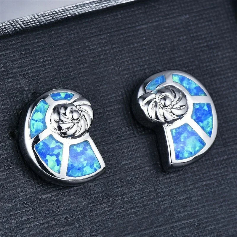 White Snail Simulated Opal Glass Vintage Stud Earrings