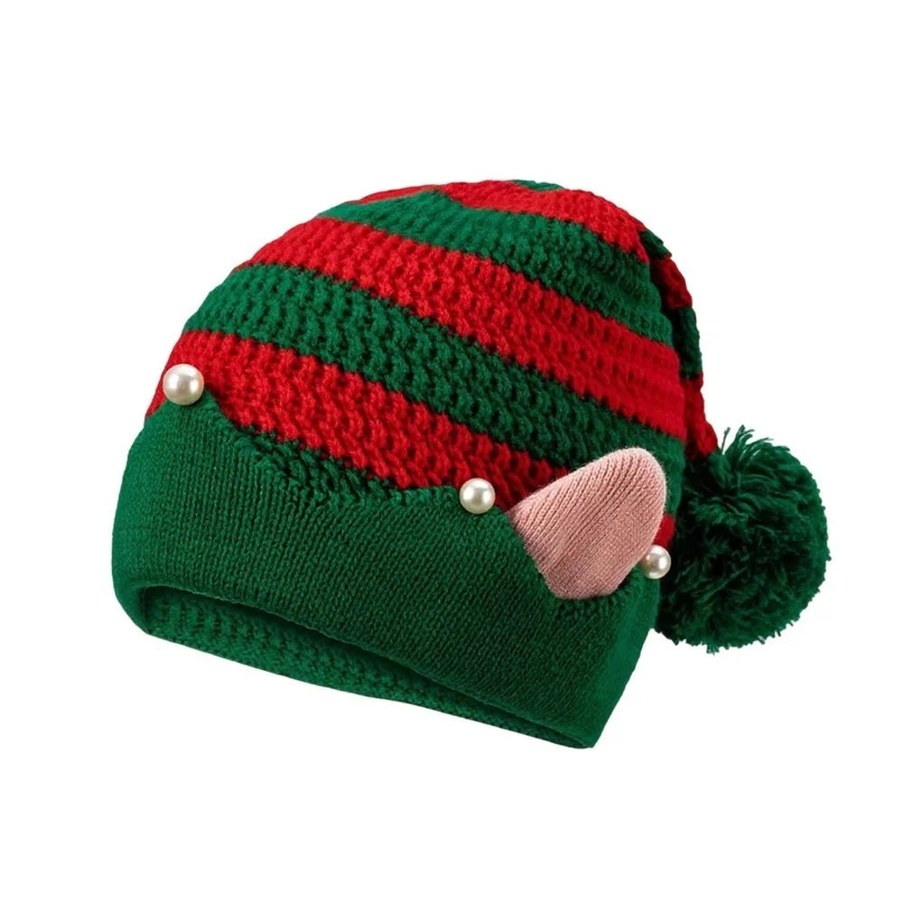 Striped Knitted Christmas Hat with Ears & Pom-Pom | Elf Santa Cap
