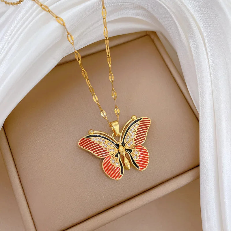Red Butterfly Pendant Necklace – Gold Stainless Steel Choker