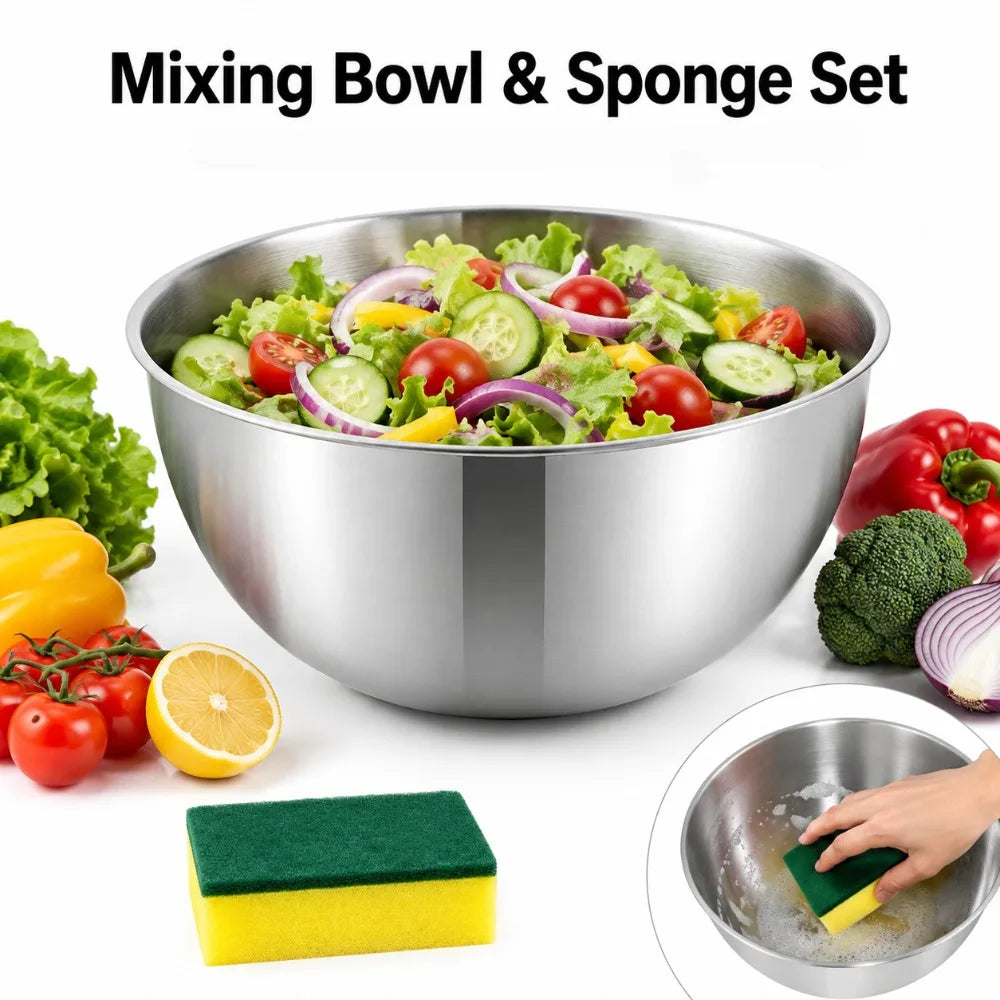 Stainless Steel Mixing Bowl & Sponge Set – Stackable Kitchen Bowl