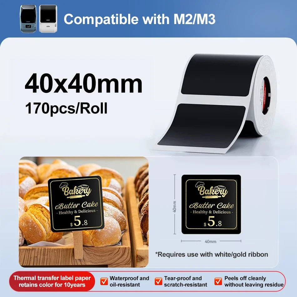 Niimbot M2/M3 Thermal Transfer Labels & Ribbon – Black, Gold, White