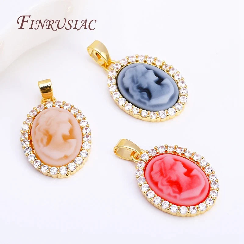 18K Gold Plated Zircon Oval Cameo Pendant Charms – 3 Colors