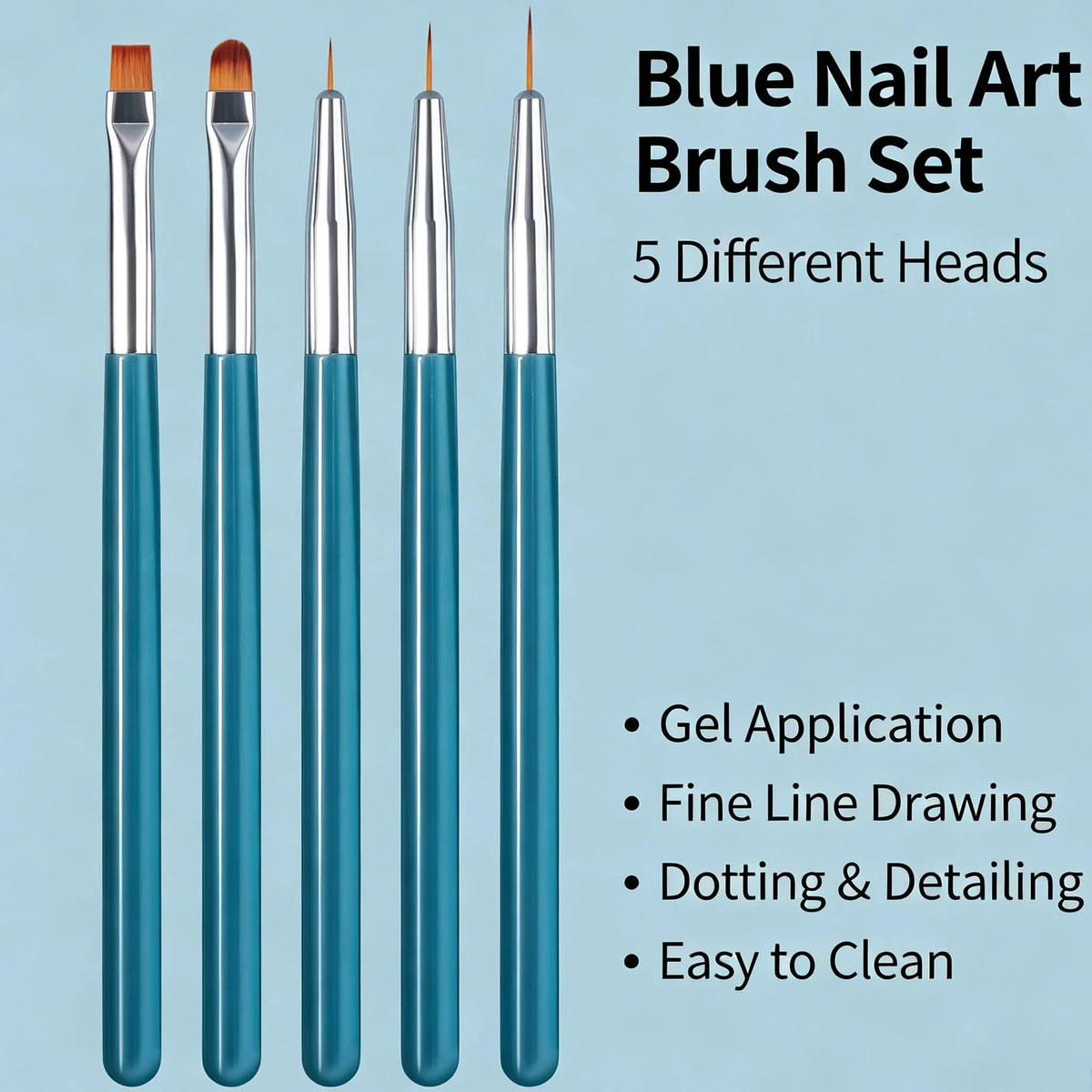 5-Piece Nail Art Brush Set – Liner, Fan, Dotting & Gel Tools