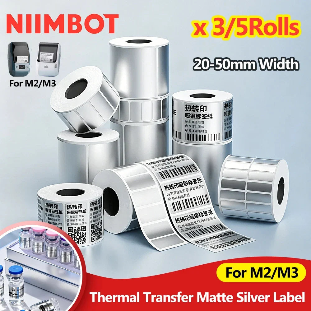 Niimbot M2/M3 Silver Thermal Transfer Labels – 3 or 5 Roll Pack