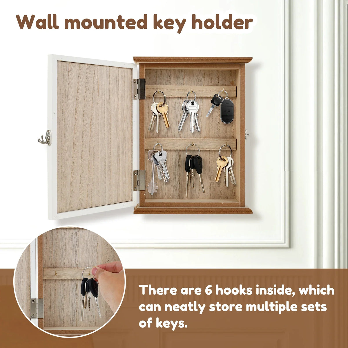 Wooden Wall Key Holder Box – 6 Hooks Farmhouse Entryway Organizer