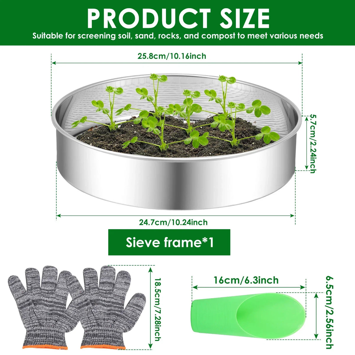 Stainless Steel Soil Sieve Set – 3/6/9mm Compost Sifter Kit