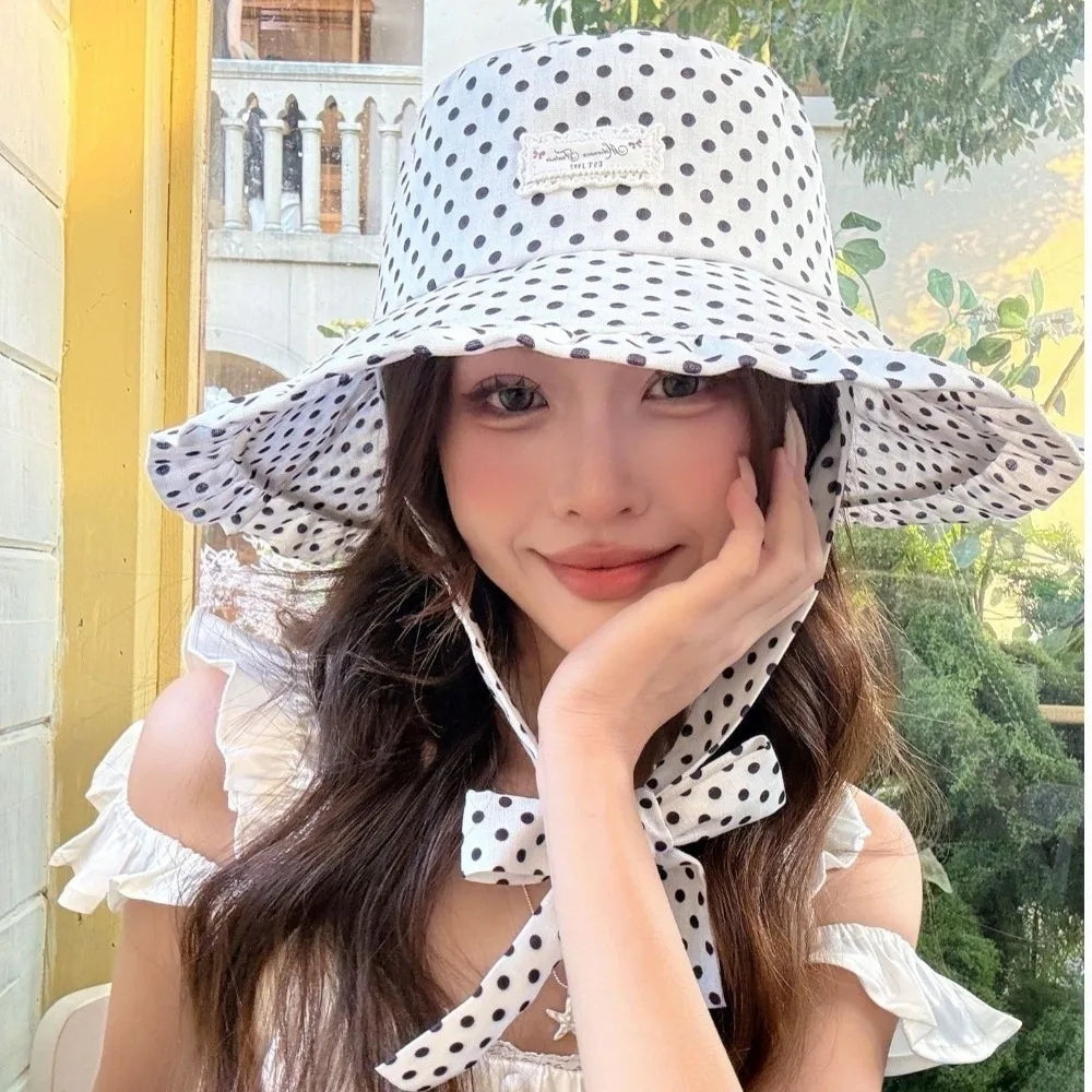 Women's Polka Dot Wide Brim Bucket Sun Hat with Ribbon