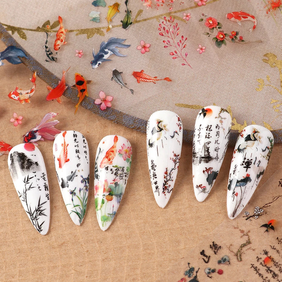 10pcs Asian Ink Art Nail Foil Stickers – Koi, Crane & Bamboo