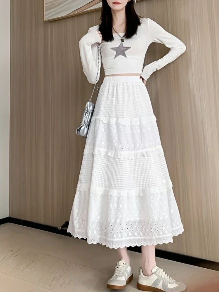 Women's Vintage High Waist A-Line Long Skirt – White & Black