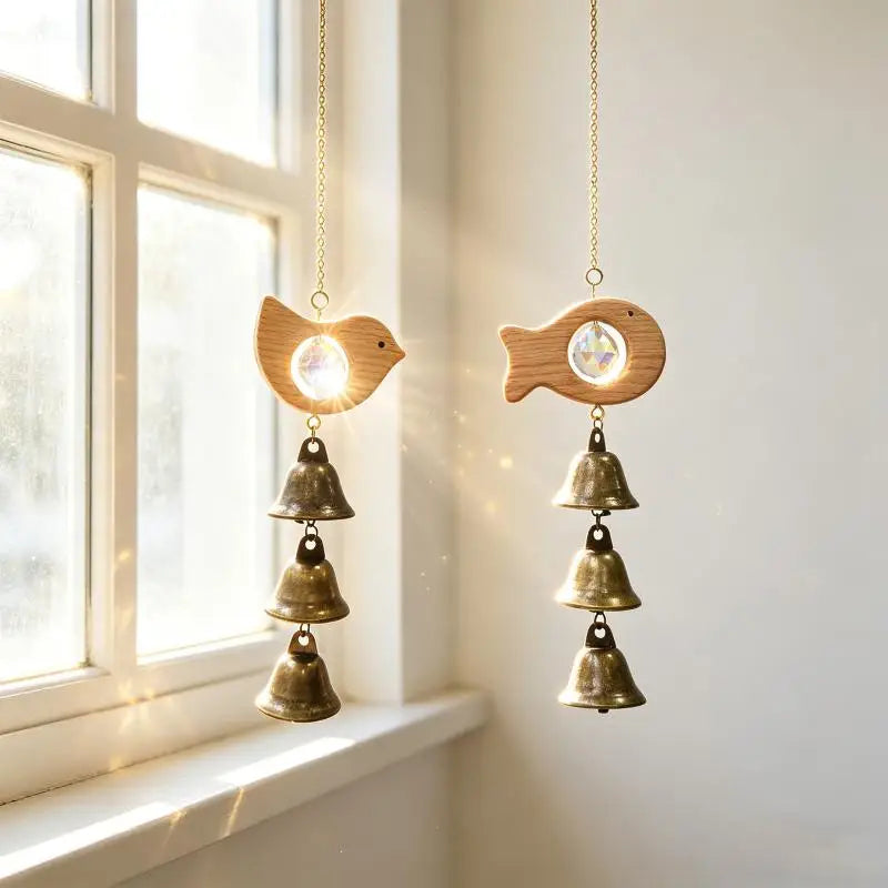 Wooden Fish & Bird Wind Chime – Crystal & Brass Bell Décor