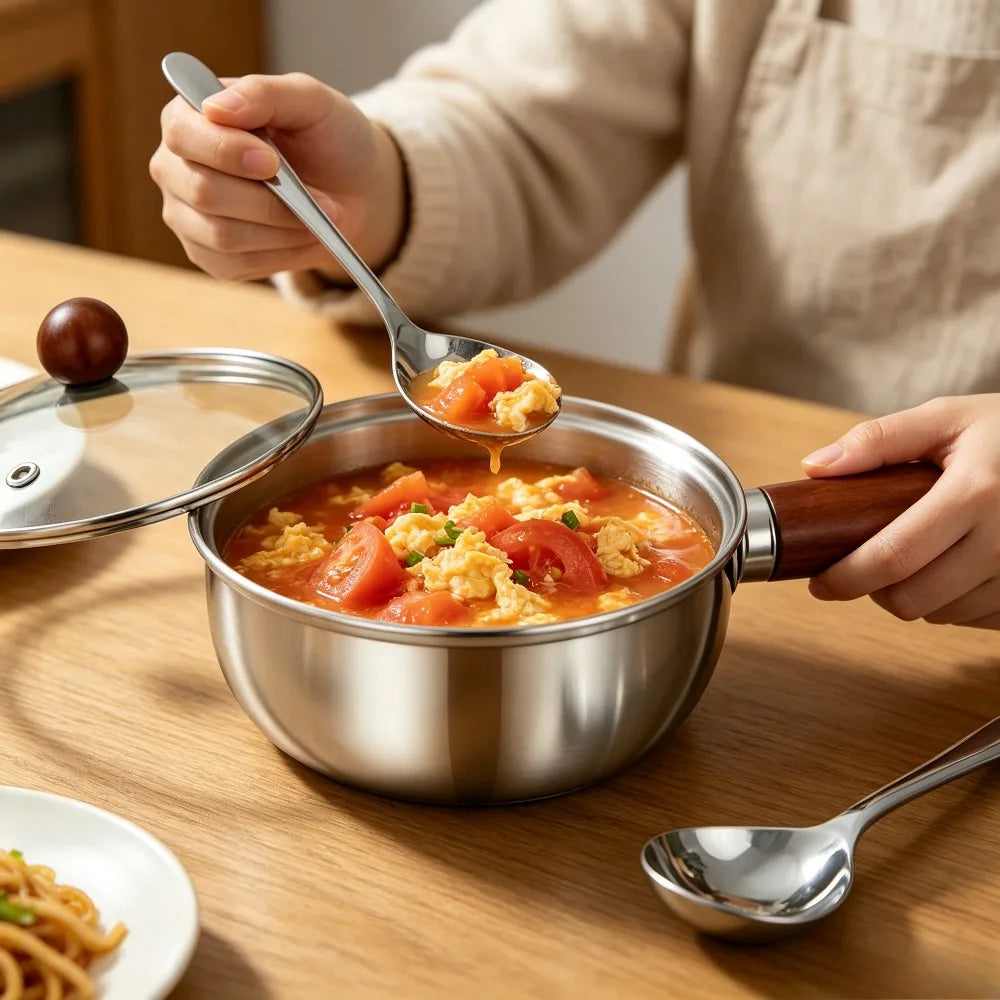 Stainless Steel Mini Saucepan Set – Wooden Handle, Lid & Spoon