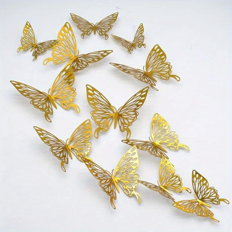 12Pcs 3D Hollow Butterfly Wall Stickers Gold Silver Decals