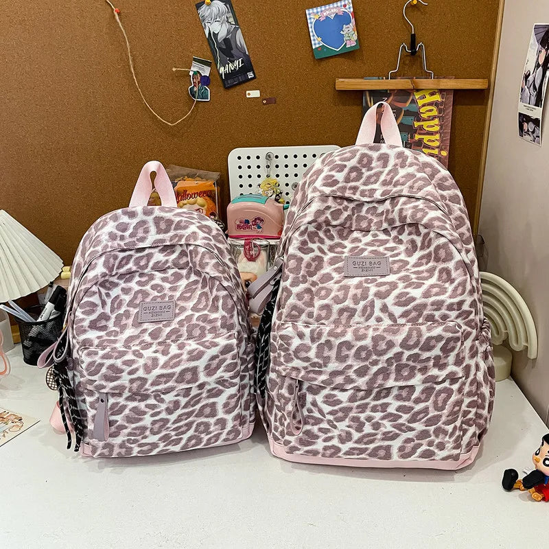 Leopard Print Canvas Backpack – Large Travel Bag for Women