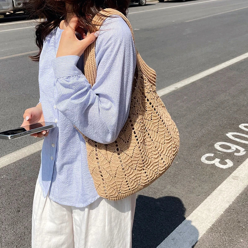Women's Knitted Cotton Tote Bag – Large Capacity Shoulder Bag