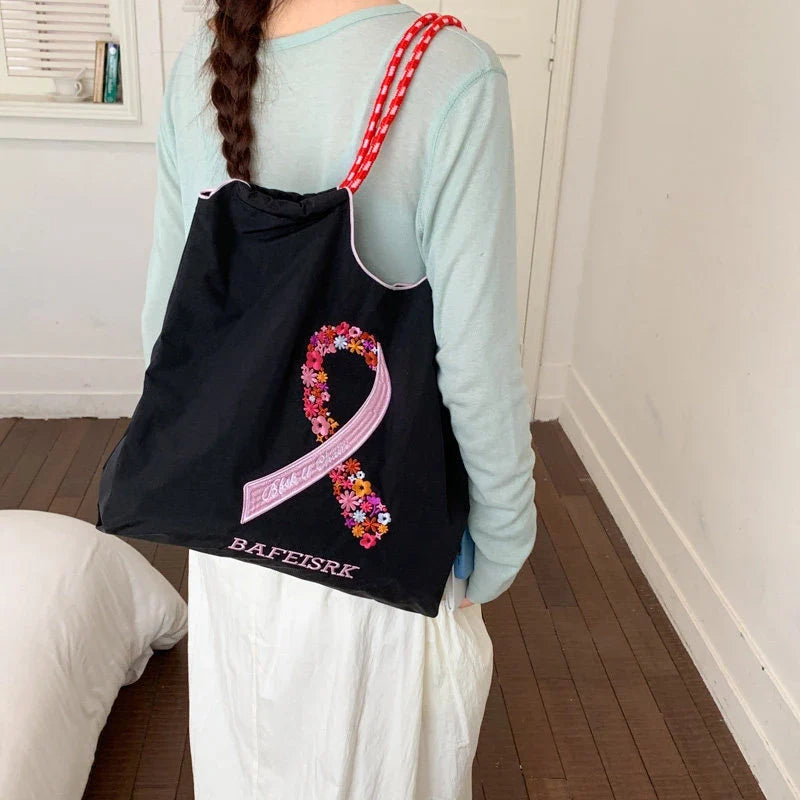 Japanese Embroidered Silk Scarf Large Shoulder Tote Bag for Women