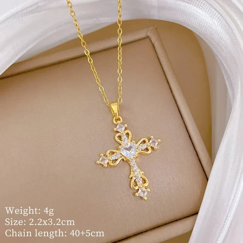 Women's Gold Cross Pendant Necklace – Stainless Steel Choker