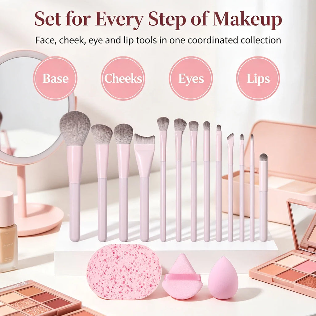 16Pc Makeup Brush Set – Soft Synthetic Hair, Sponge & Puff