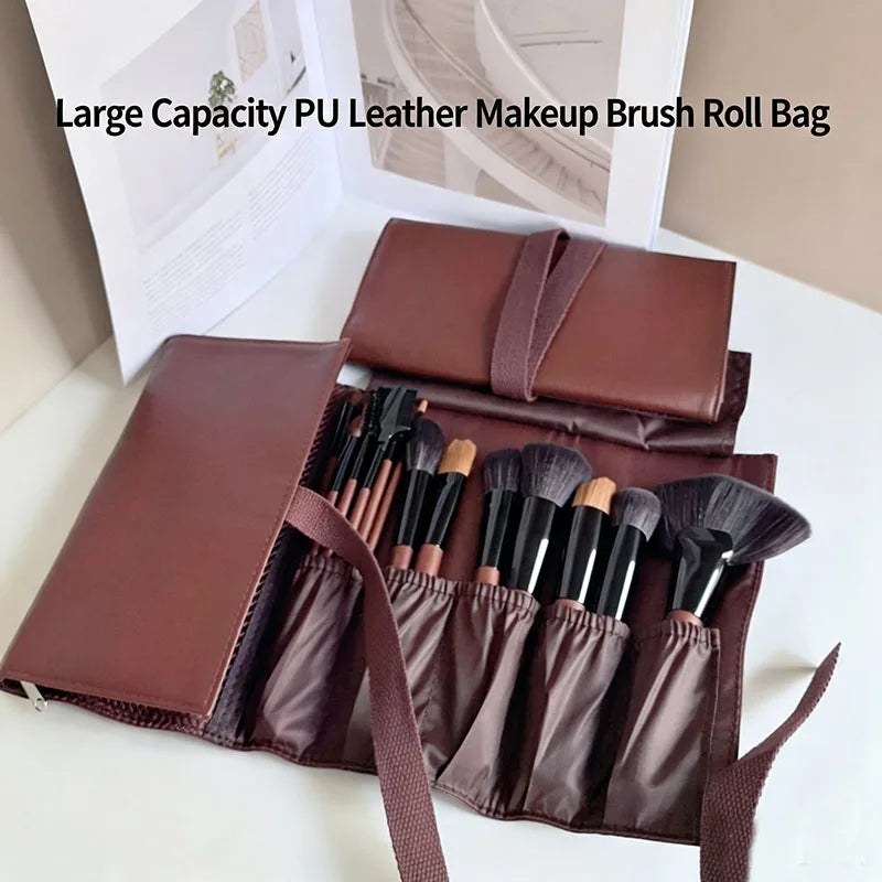 PU Leather Makeup Brush Roll Bag | Foldable Travel Organizer