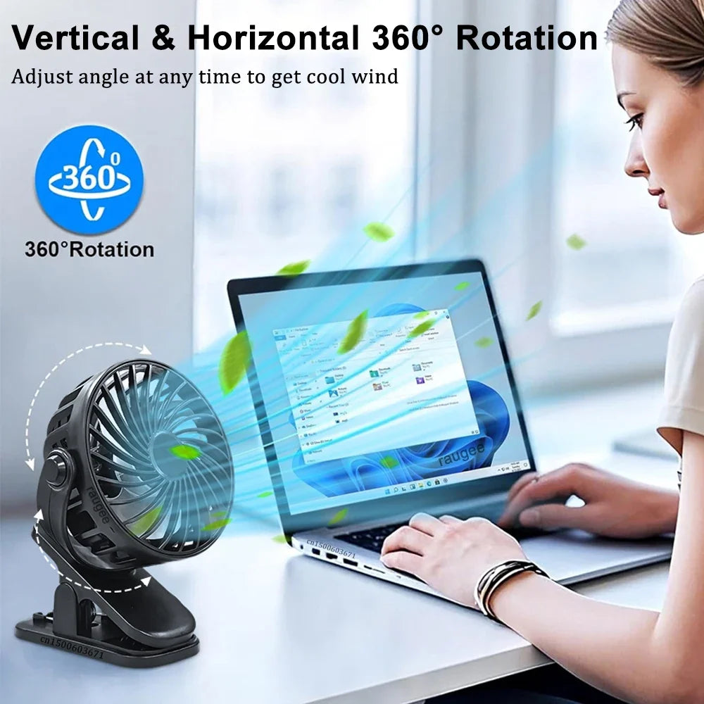 Portable USB Rechargeable Clip Fan – 360° Rotation & LED Light