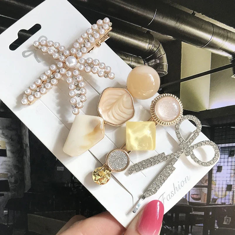 Pearl Crystal Hair Clips Set – Korean Geometric Barrettes