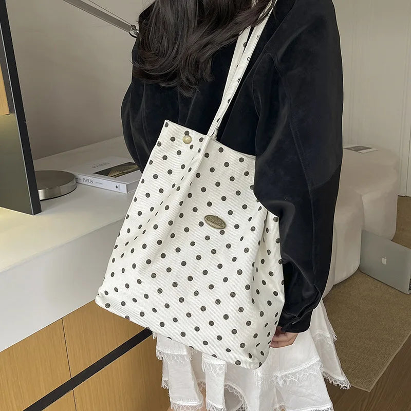 Korean Polka Dot Corduroy Tote Bag – Large Shoulder Bag