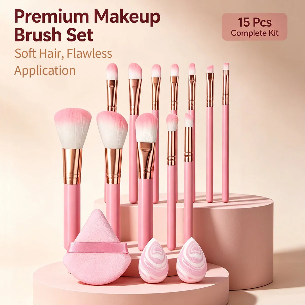 15-Piece Makeup Brush Set with Sponge & Puff | Nixie