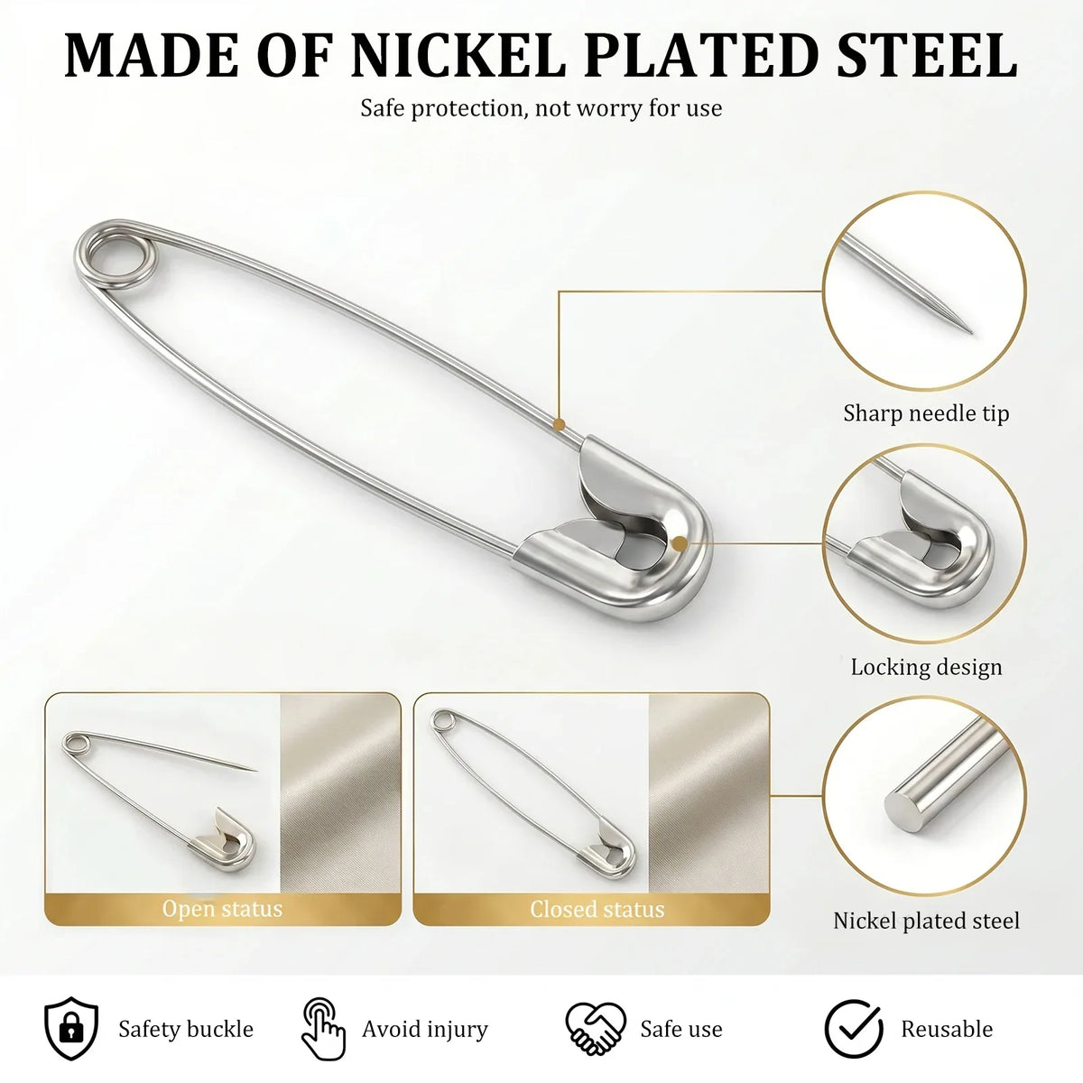 250Pcs Assorted Safety Pins Set – 6 Sizes, Rust Resistant