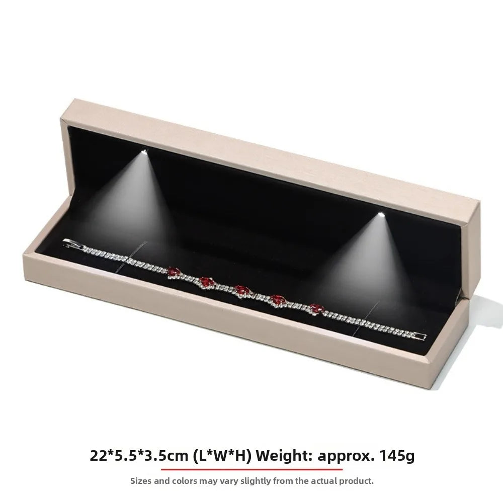 Luxury LED Jewelry Box Gold PU Leather Ring & Necklace Organizer