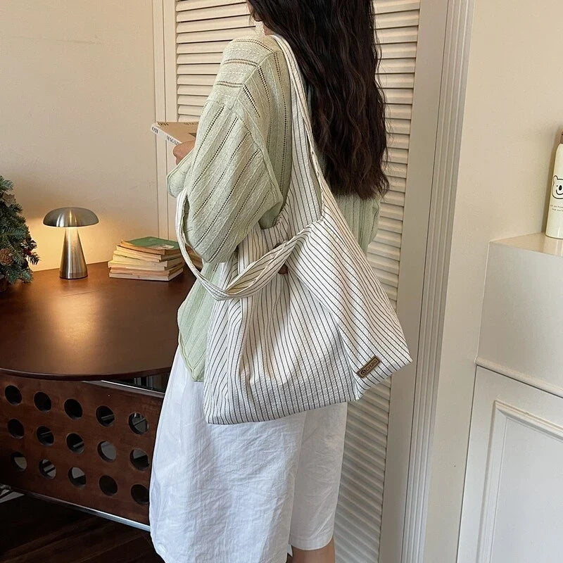 Women's Striped Canvas Tote – Large Crossbody Shoulder Bag