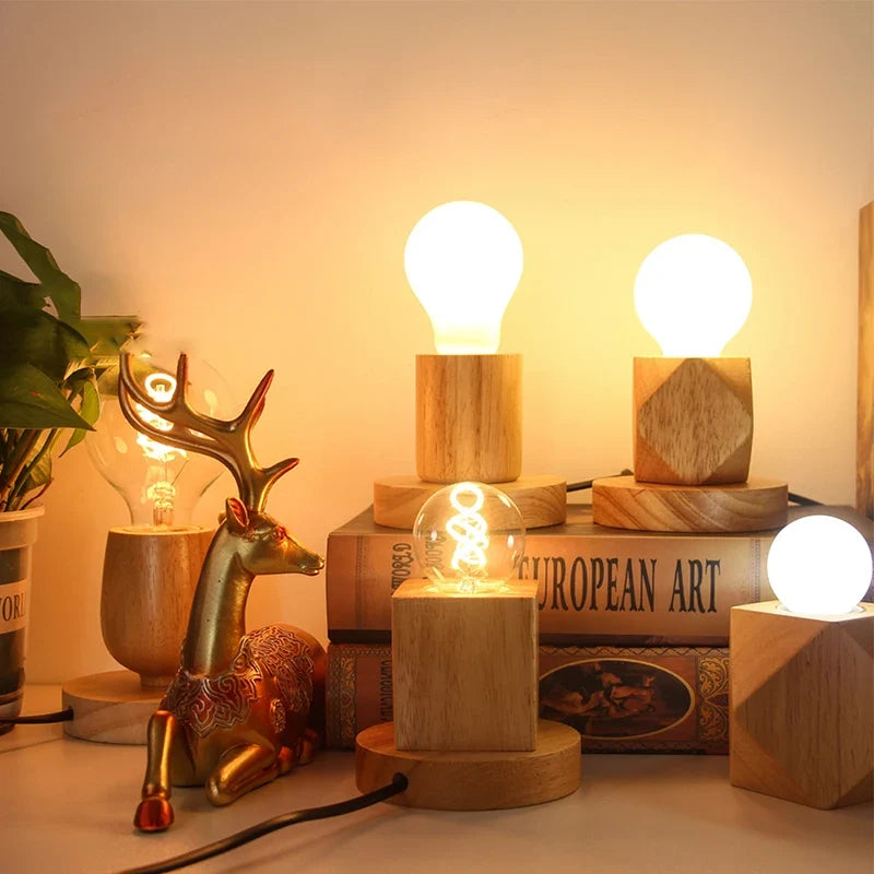 Retro Wooden Table Lamp E27 Vintage Desk Lamp Base 220V