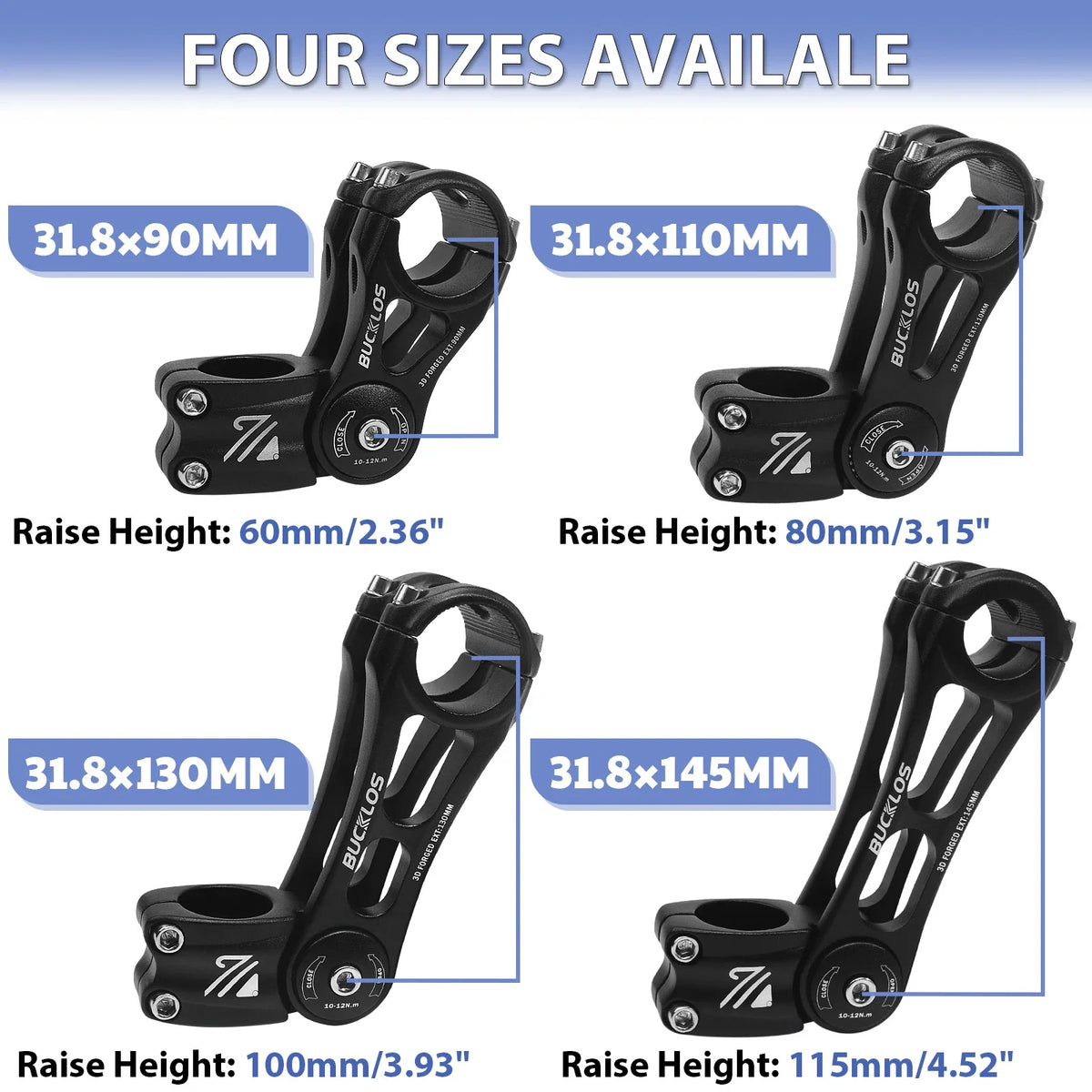 BUCKLOS Adjustable Bike Stem MTB ±80° Aluminum 90–145mm