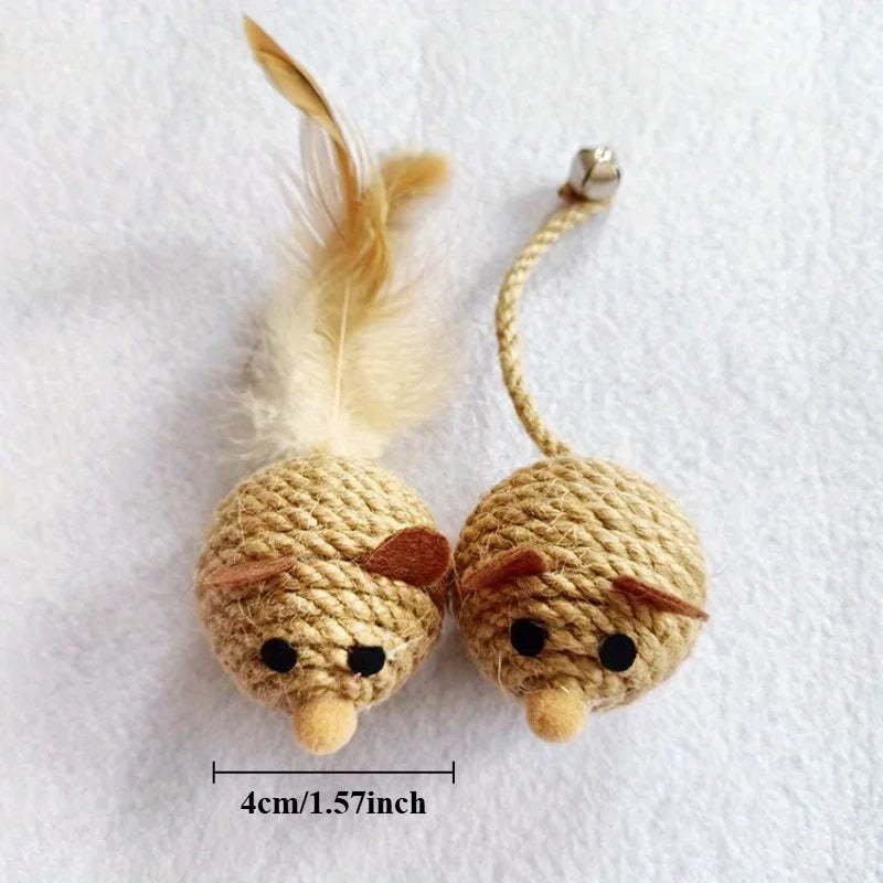 Rhinestone Feather Mouse Cat Toy – Hemp Rope & Glass Bell