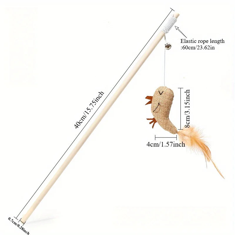Wooden Mouse Wand Cat Toy – Interactive Pet Teaser Rod