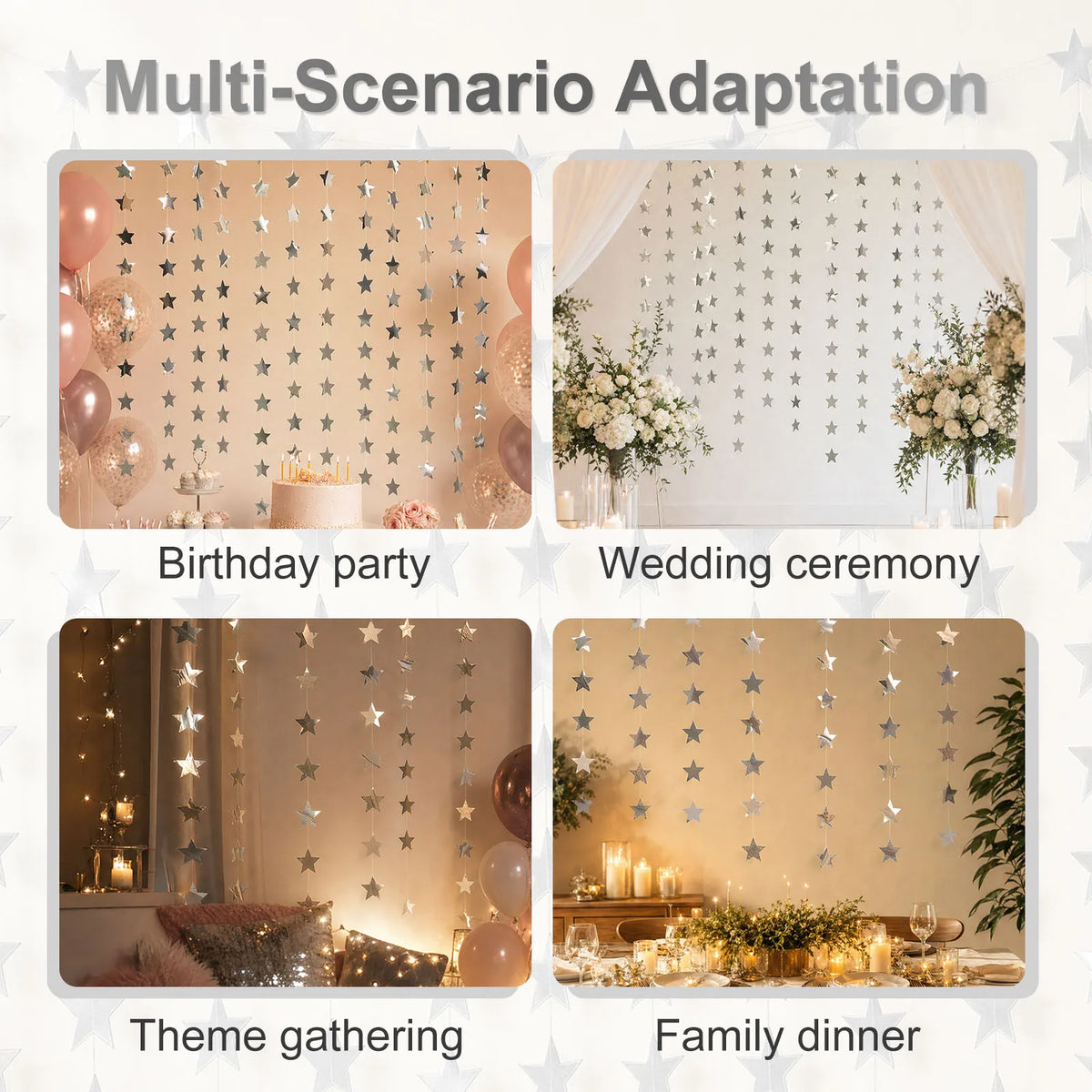 Star Garland Pendant 10/12Pcs – Silver Glitter Party Decoration