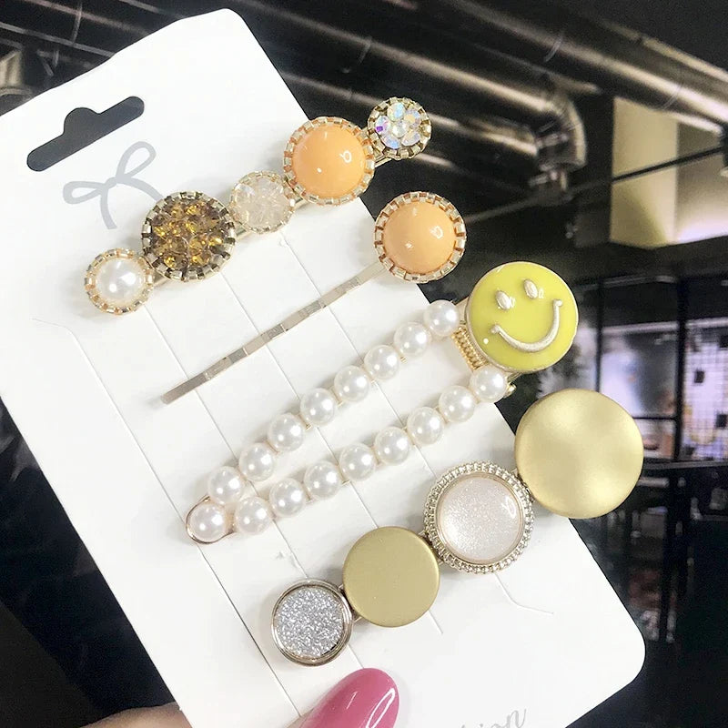 Pearl Crystal Hair Clips Set – Korean Geometric Barrettes