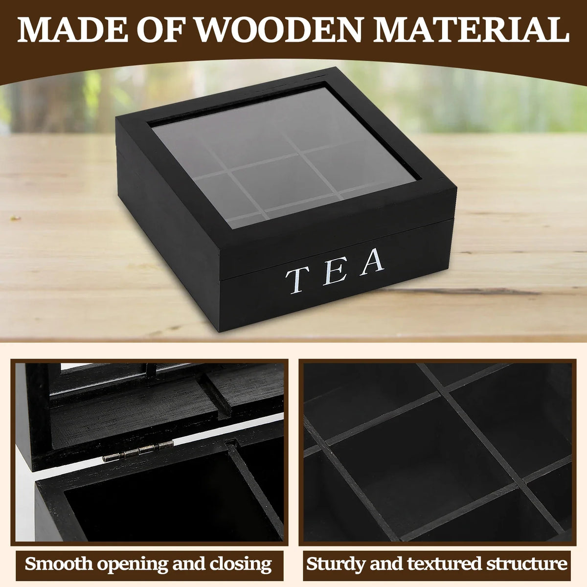 Wooden Tea Bag Organizer – 9 Compartments & Clear Lid