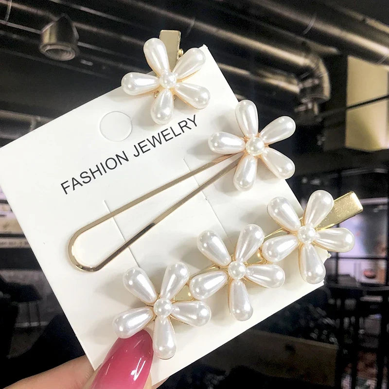 Pearl Crystal Hair Clips Set – Korean Geometric Barrettes