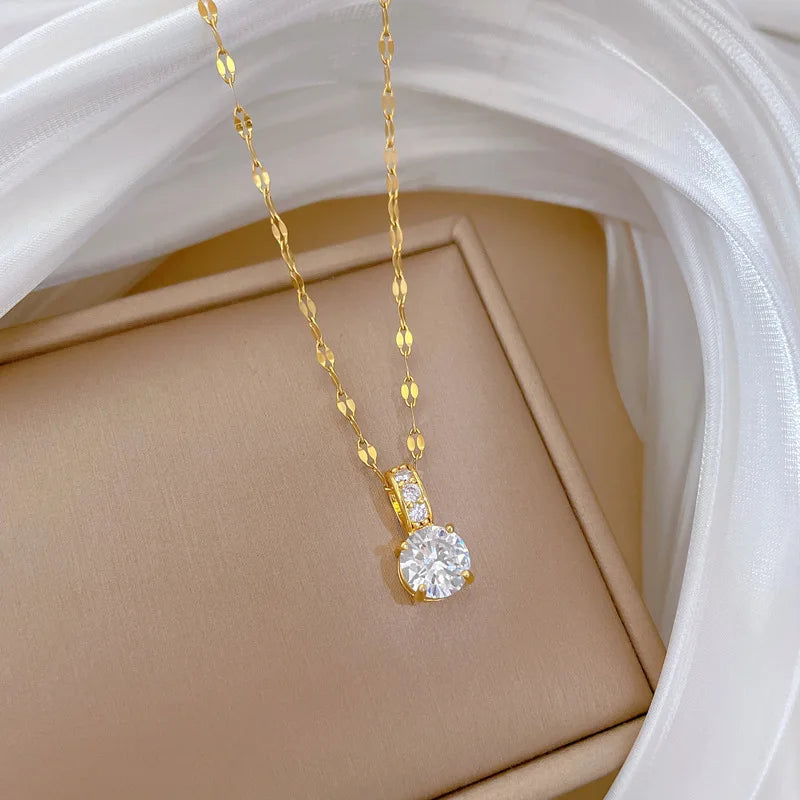 Geometric Zircon Pendant Necklace Gold Stainless Steel Chain