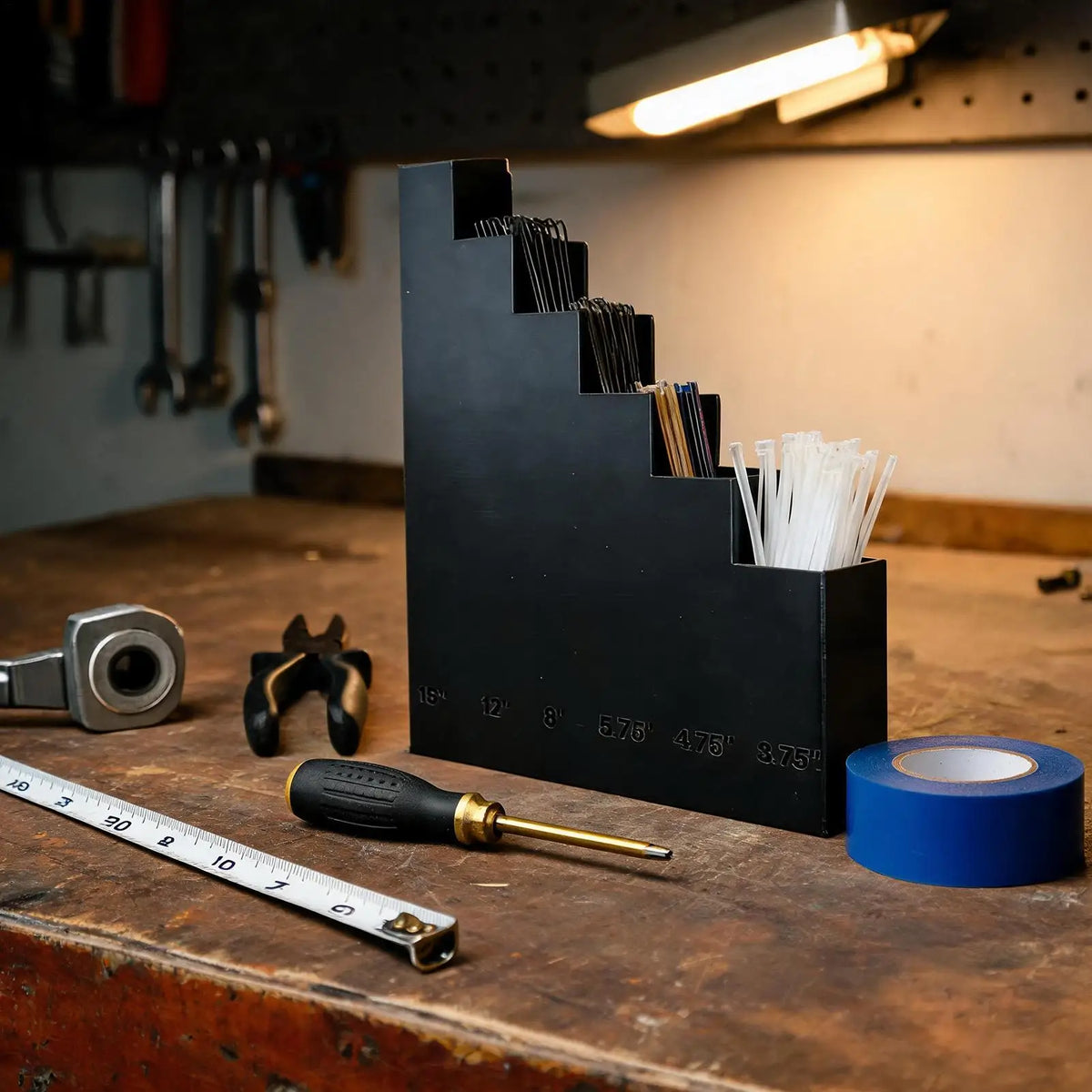 Wall Mounted Zip Tie Organizer – 6 Labeled Size Slots