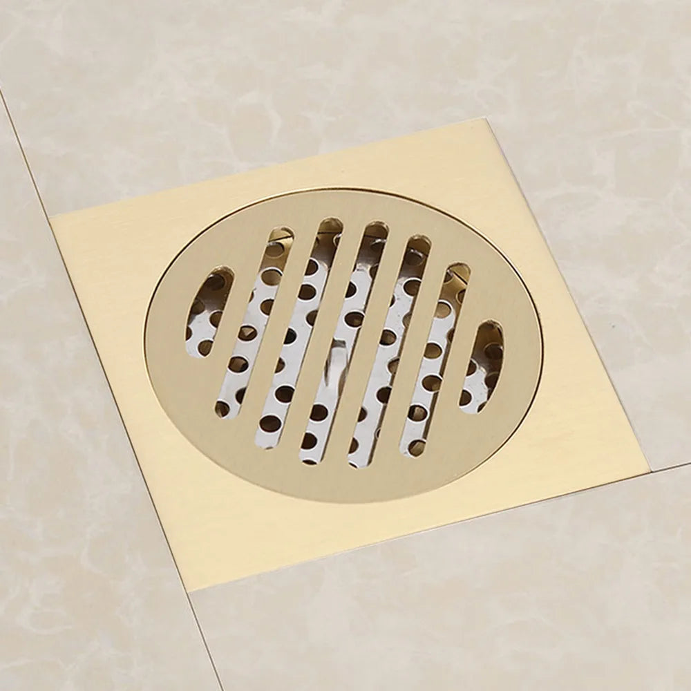 Brass Square Shower Floor Drain Removable Strainer – Gold Finish